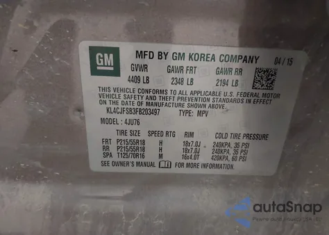 2015 Buick Encore Convenience z USA, uszkodzony, nr VIN KL4CJFSB3FB203497